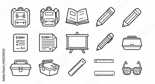 Illustration of school supplies including backpacks book pencils exam papers board lunchboxes rulers and glasses