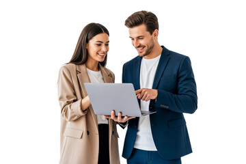 business people holding a laptop isolated on white