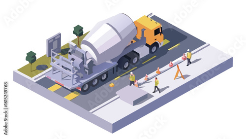 Isometric view of a cement truck on a road with construction workers and safety cones present nearby