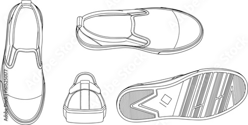 Slip-on sneaker technical sketch, multiple views, shoe cad design, vector line art illustration for fashion footwear design template