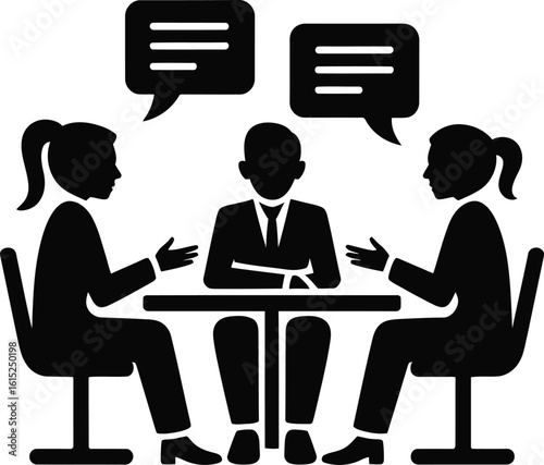 Team Discussion or Business Meeting – People Talking Around Table Vector Silhouette