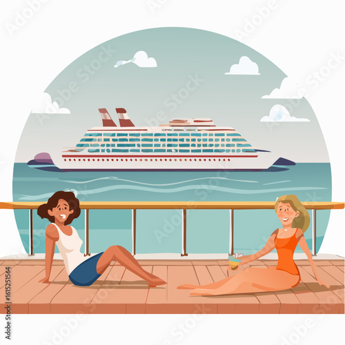 Two Women Relaxing on a Pier, Cruise Ship in the Background