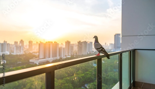 A pigeon perched on a balcony railing overlooking a city at sunset