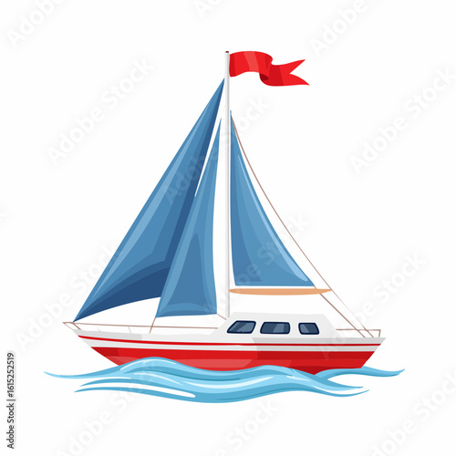 Cartoon sailboat with red hull, blue sails, and a waving red flag on blue waves.