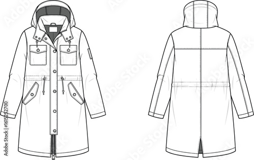 Technical fashion sketch, hooded winter parka coat, vector flat drawing, cad style, outerwear illustration for apparel design and production
