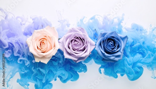 Three Roses in Pastel Pink Lavender And Blue Hues Blending with Wisps of Ink Against White Background