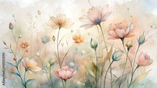 Delicate watercolor floral painting with soft pastel colors and gentle brushstrokes evoking a dreamy meadow scene