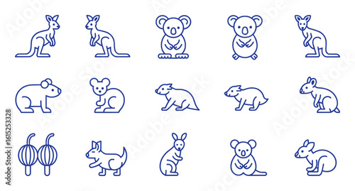 Australian marsupials and native animals icons kangaroo koala
