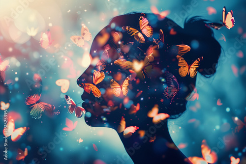 Visual metaphor for mental health: silhouette of a human head filled with glowing butterflies