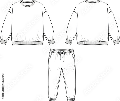 Unisex sweatshirt and jogger pants fashion flat, front and back view, CAD sketch, vector template, loungewear set, technical drawing