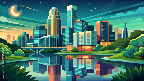 In Austin, Texas, the skyline along Lady Bird Lake reflects indie spirit and modern design. Semi-realistic vector style enhances water sparkle, green belts, and urban flow.