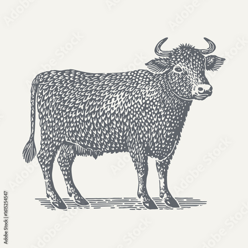 Black and white vintage illustration of a bull, showcasing intricate details.