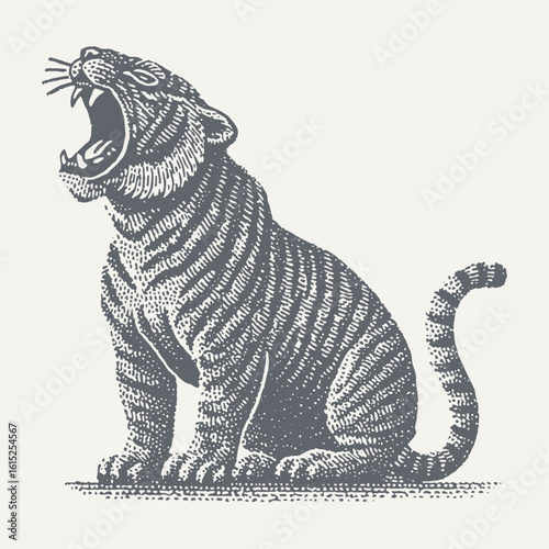 A detailed black and white illustration of a roaring tiger with its mouth wide open.