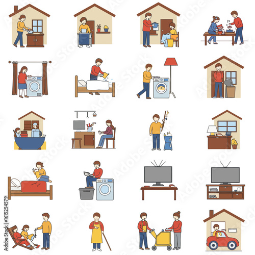 Daily Routine Icons Housework, Leisure & Family Life