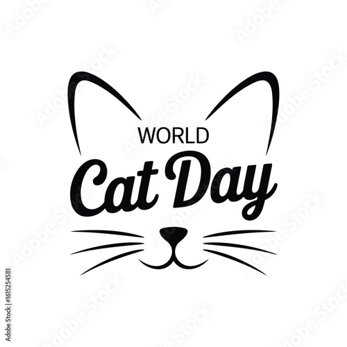 Vector illustration of world cat day with cute cat face and ears in black and white design