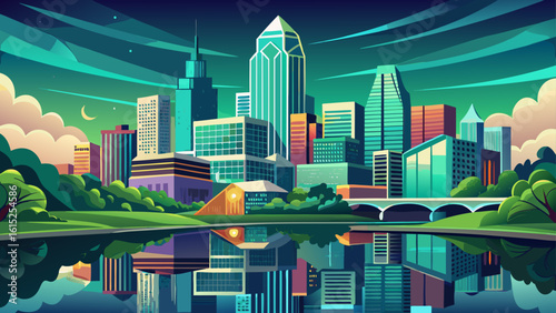 In Austin, Texas, the skyline along Lady Bird Lake reflects indie spirit and modern design. Semi-realistic vector style enhances water sparkle, green belts, and urban flow.