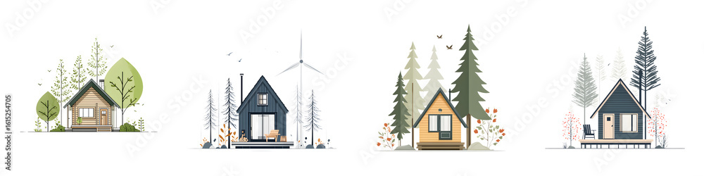 Obraz premium Minimalist Cabin Illustration Set - Forest Retreat