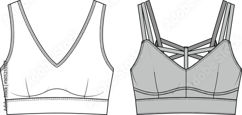 V-neck sports bra flat sketch with strappy back design, technical front and back CAD drawing, fitness fashion vector illustration