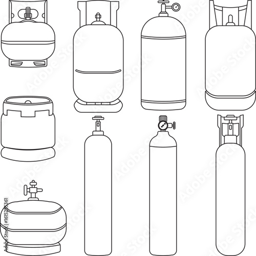 Black and white vector set of various gas cylinder types, ideal for technical diagrams, industrial safety infographics, equipment manuals, and energy-related design projects.