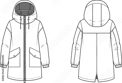 Winter parka coat flat sketch, technical fashion drawing, CAD illustration, front and back view, hoodie jacket vector template