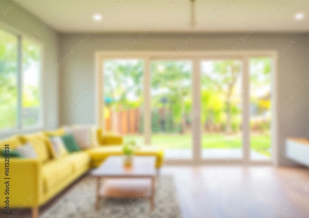 Obraz premium Bright blurred interior view through large windows