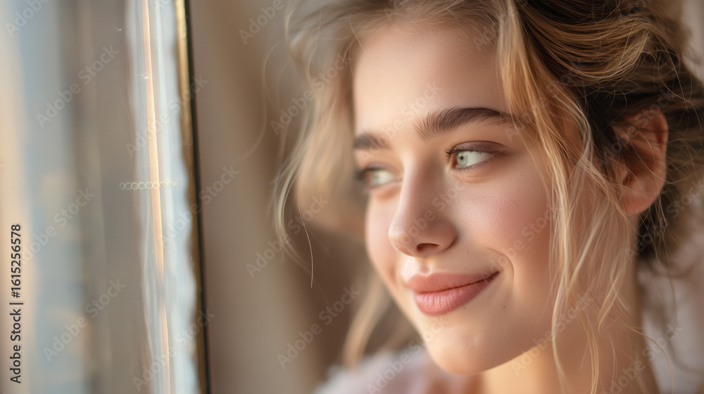 Naklejka premium Smiling young woman with long hair looking out the window, feeling happy and serene