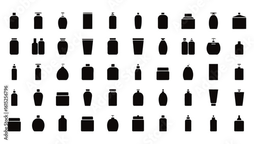 WebVector art of a diverse collection of cosmetic bottle silhouettes, isolated on white background