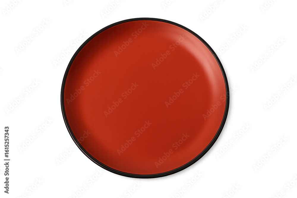 Red ceramic plate with dark rim, featuring clean lines and glossy surface, floating against transparent backdrop for food styling and graphic design purposes Red ceramic plate with dark rim, featuring clean lines and glossy surface, floating against transparent backdrop for food styling and graphic design purposes