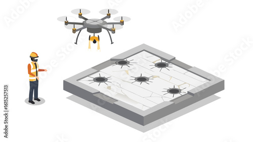 Drone inspecting a concrete structure with holes while a worker observes the inspection process
