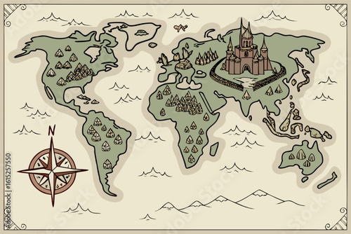 World map illustration with castle and compass rose for fantasy adventure game travel and geography learning
