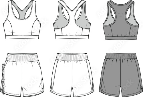 Women’s sports bra and shorts set flat sketch, CAD drawing, vector fashion template, activewear front and back view, technical illustration