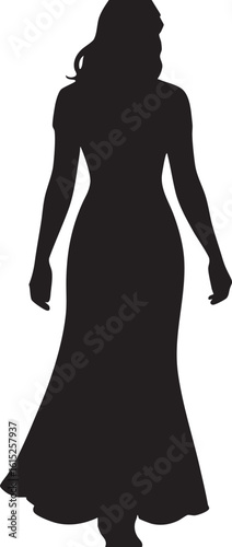 Vector Silhouette of Elegant Woman in Flowing Gown, Rear View, Minimalist Graphic on White Background