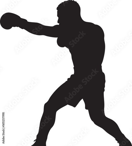 Vector Silhouette of Male Boxer in Mid-Punch with Dynamic Stance and Muscular Form on White Background