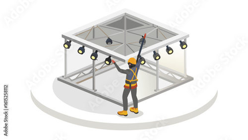Isometric view of a stage setup with lighting rig and worker in safety gear installing equipment at height