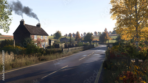 Rural road winds past a quaint country home, surrounded by autumn foliage.  Smoke rises from the house chimney.  A clear, bright day