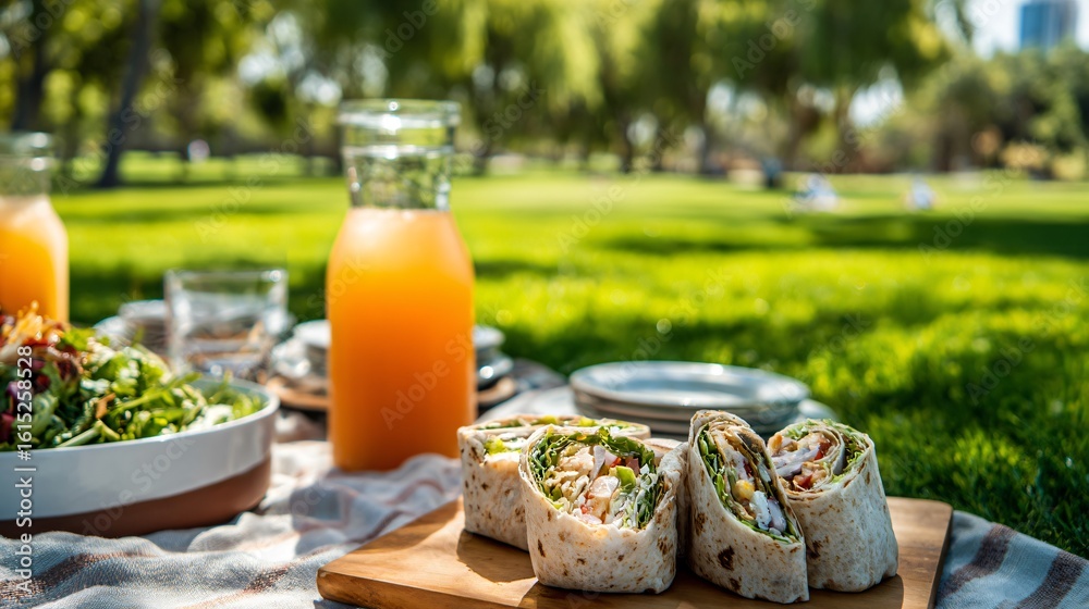 A airy park picnic with white plates, juice carafe, and vegan wraps, with open grassy space