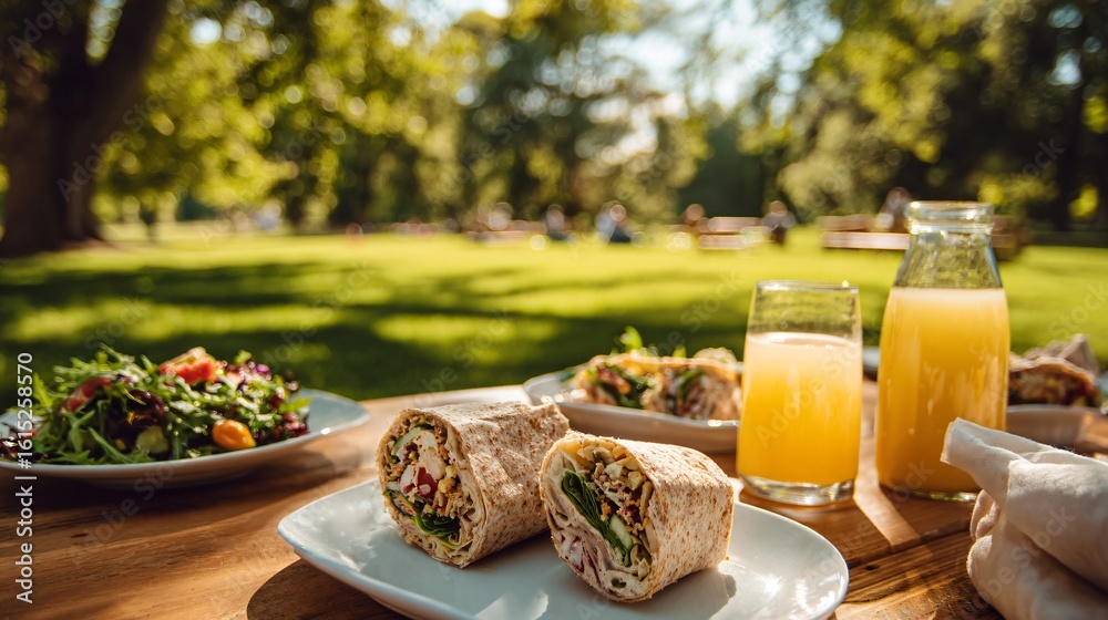 A airy park picnic with white plates, juice carafe, and vegan wraps, with open grassy space