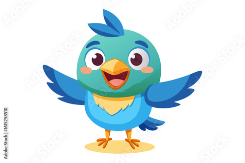 Vector illustration of a vibrant cartoon parakeet, also known as a budgie, featuring bright blue and yellow plumage with green feather detailing.