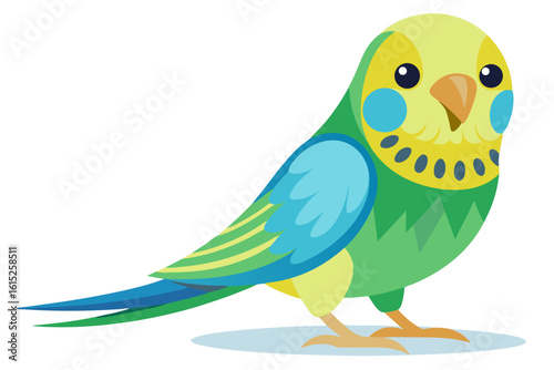 Vector illustration of a vibrant cartoon parakeet, also known as a budgie, featuring bright blue and yellow plumage with green feather detailing.