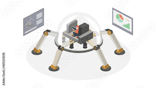 Isometric view of person inside a dome structure with robotic legs and data screens displayed around it