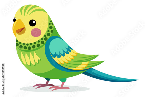 Vector illustration of a vibrant cartoon parakeet, also known as a budgie, featuring bright blue and yellow plumage with green feather detailing.