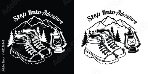 Retro Hiking Boots with Lantern and Mountain Scene for Outdoor Wilderness T Shirt Design Illustration