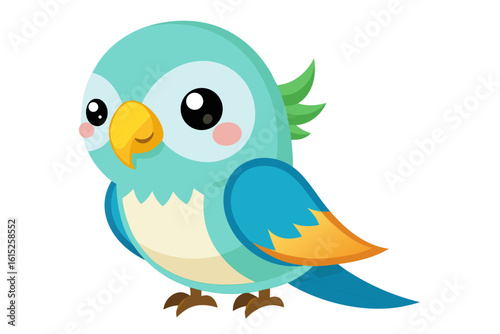 Vector illustration of a vibrant cartoon parakeet, also known as a budgie, featuring bright blue and yellow plumage with green feather detailing.