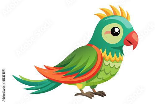 Vector illustration of a vibrant cartoon parakeet, also known as a budgie, featuring bright blue and yellow plumage with green feather detailing.