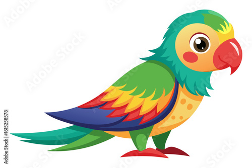 Vector illustration of a vibrant cartoon parakeet, also known as a budgie, featuring bright blue and yellow plumage with green feather detailing.