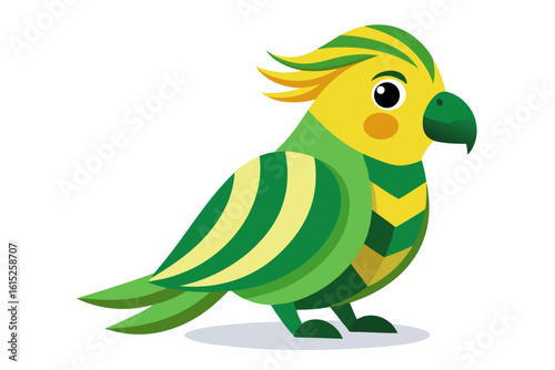 Vector illustration of a vibrant cartoon parakeet, also known as a budgie, featuring bright blue and yellow plumage with green feather detailing.