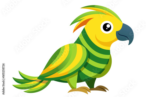 Vector illustration of a vibrant cartoon parakeet, also known as a budgie, featuring bright blue and yellow plumage with green feather detailing.