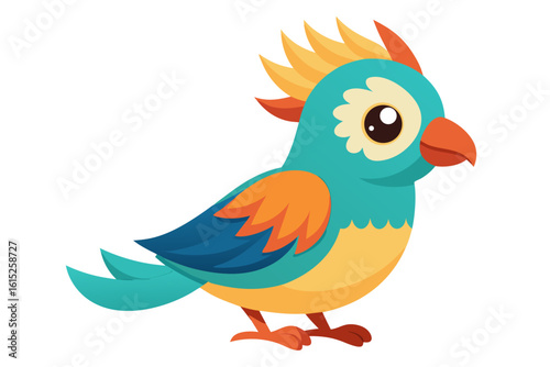 Vector illustration of a vibrant cartoon parakeet, also known as a budgie, featuring bright blue and yellow plumage with green feather detailing.