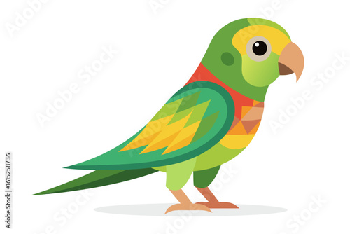 Vector illustration of a vibrant cartoon parakeet, also known as a budgie, featuring bright blue and yellow plumage with green feather detailing.