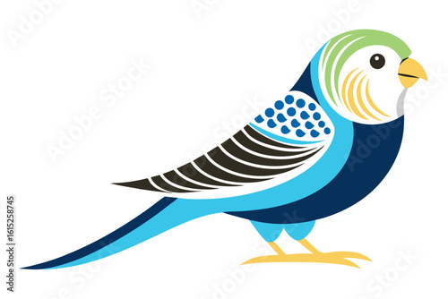 Vector illustration of a vibrant cartoon parakeet, also known as a budgie, featuring bright blue and yellow plumage with green feather detailing.